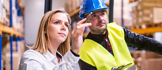 Office and warehouse employees problem solving.