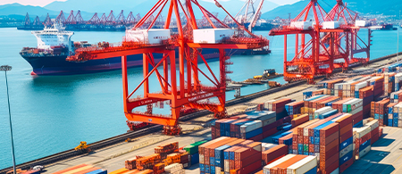 Port operations with containers, cranes and cargo ships.